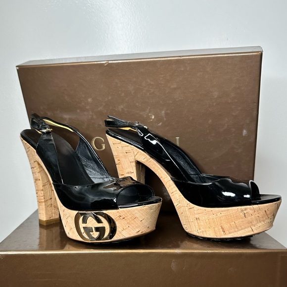 GUCCI BLACK PATENT LEATHER CORK SLINGBACK PUMPS SIZE 34 - Picture 5 of 10